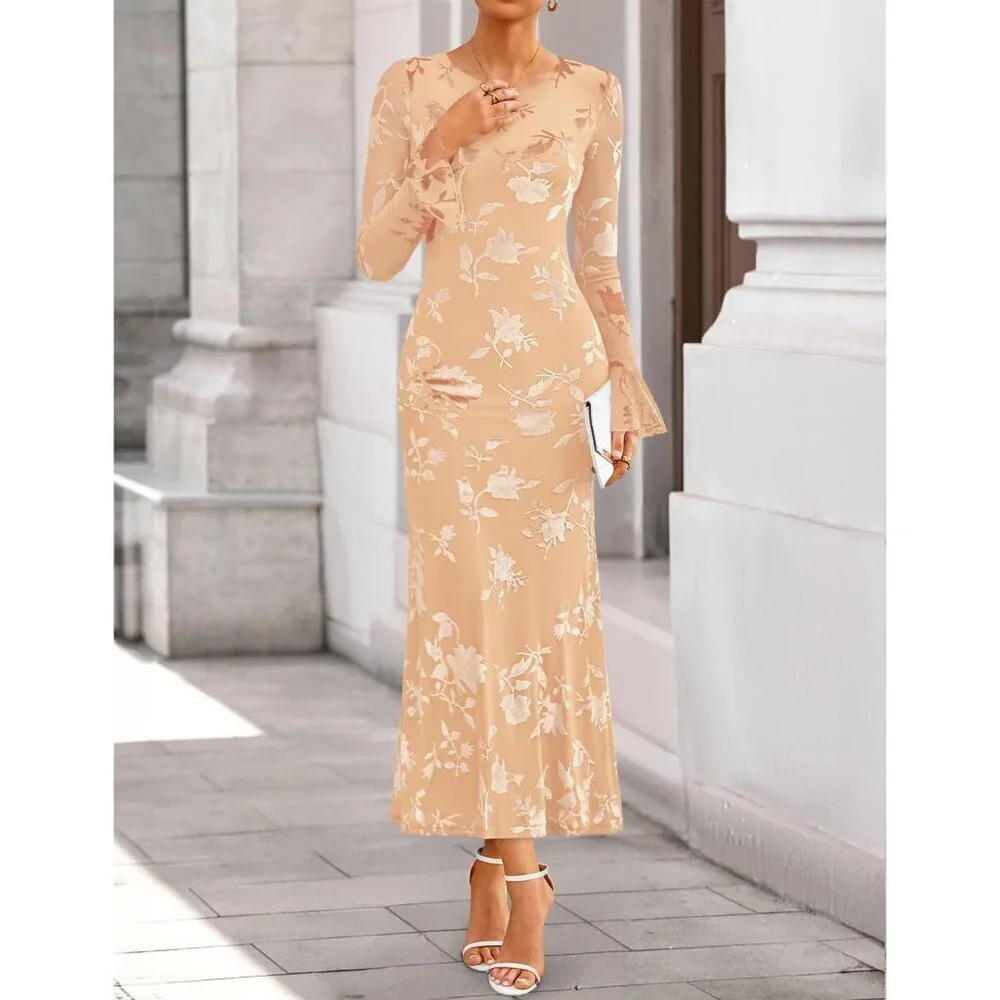 Women's Red Apricot Long Sleeve Spring Fashion Bodycon Mesh Floral Maxi Dress